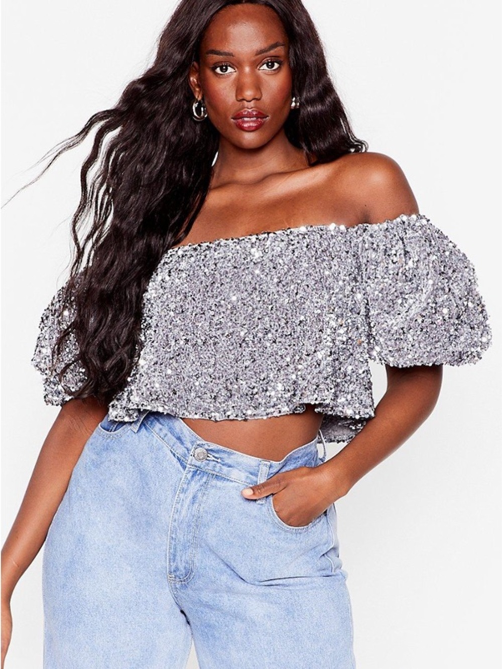 Nasty Gal Silver Sequin Puff-Shoulder Crop Top - Women